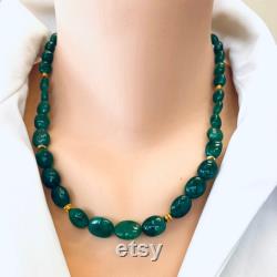 Classic Emerald Smooth Oval Necklace Embellished with Vermeil, Gold Plated Silver Details, May Birthstone Necklace Gift For Her