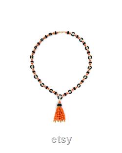 Coral Beaded Tassel Necklace, Gift for her, Handmade Jewelry, Adastra Jewelry