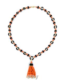 Coral Beaded Tassel Necklace, Gift for her, Handmade Jewelry, Adastra Jewelry