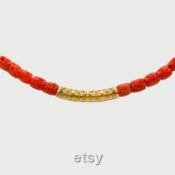 Coral in 18K Yellow Gold Necklace, Fleur De Lis 18K Gold Central Adornment, Coral necklace