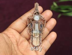 Crystal ,Moonstone Evil Eye Gemstone Copper Wire Wrap Pendant Jewelry Gift For Wife Oxidize Copper Wire Necklace Crystal Birth Gift