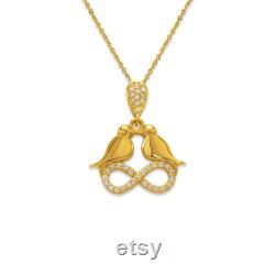 Cubic Zirconia Infinity Pendant Dove Charm Two Birds Pendant Minimalist Love Infinity Jewelry For Women 14K Genuine Yellow Gold