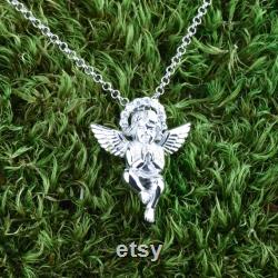 Cubic zirconia necklace angel, Vintage goth necklace, 925 Sterling silver pendant necklace