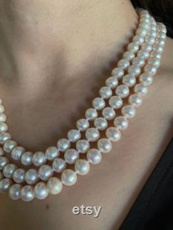Cultured Genuine Freshwater pearl triple strand Jackie o necklace three Strand White Pearl Necklace natural