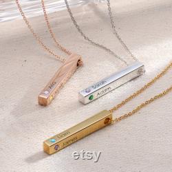 Custom Engraved 3D Vertical Bar Birthstones Necklace Silver or Gold Personalized 4 Side Bar Jewelry for Mom Mother's Day Gift