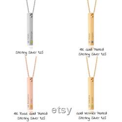 Custom Engraved 3D Vertical Bar Birthstones Necklace Silver or Gold Personalized 4 Side Bar Jewelry for Mom Mother's Day Gift