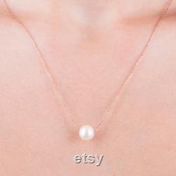 Dainty 14k Solid Gold Chain Floating Pearl Necklace, 14k Rose Gold One Pearl Pendant Wedding Necklace