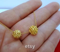Dainty Sliding 14k Gold Pendant, Traditional Croatian Jewelry, Small Gold Pendant, Gold Filigree Slide Ball Pendant, Dainty Chain Necklace