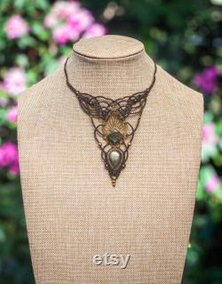 Dark olive green double labradorite and brass macrame necklace