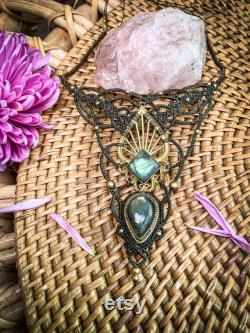Dark olive green double labradorite and brass macrame necklace