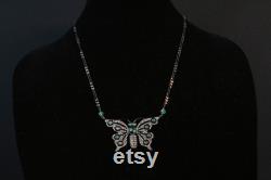 Diamond Emerald Oxidized Sterling Silver Necklace, Diamond Emerald Butterfly Pendant