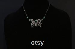 Diamond Emerald Oxidized Sterling Silver Necklace, Diamond Emerald Butterfly Pendant