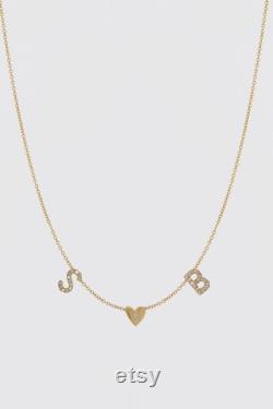 Diamond Initials Necklace with Heart, Alphabet Letter Necklace, Love Sign heart shape Kids Initial Necklace, Dainty Jewelry, 14k Solid Gold
