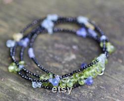 Diamond Look Natural Black Spinel, Tanzanite, Sapphire , Peridot Layering Necklace Wrap Bracelet Solid 14K White Gold , August Birthstone