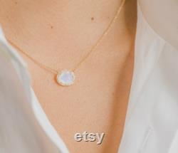 Diamond Moonstone Necklace, 14k Solid Gold