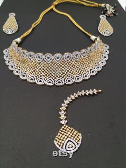 Diamond Necklace Diamond Earrings Indian AD Jewelry Set Indian Jewelry Set Womens Jewelry Mangtika Earrings Necklace Bridal