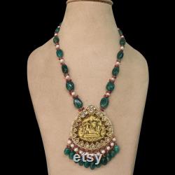Diamond Polki and emerald Jadau Necklace, 18k Gold Indian Jewelry Set, traditional Jewelry, Laxmi vishnu hindu god jewelry