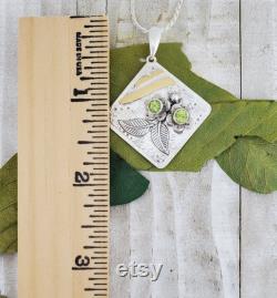 Diamond Shaped Pendant with Faceted Peridot in Sterling Silver, Green Gemstone and 22k Gold Jewelry