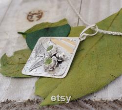 Diamond Shaped Pendant with Faceted Peridot in Sterling Silver, Green Gemstone and 22k Gold Jewelry