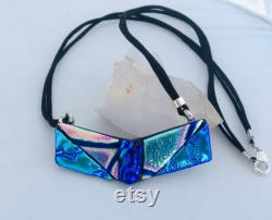 Dichroic Glass big long Pendant, Fused glass Blue Necklace,One of a kind Unique glass pendant gift for mom, Art glass jewelry