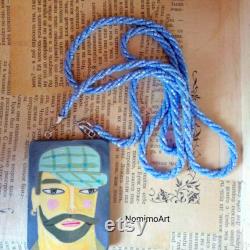 Double Sided Man pendant Hipster Bearded Long Wooden Wearable Art Necklace Illustrated Jewelry Art to Wear