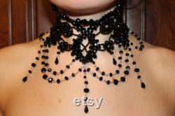 Downton Abbey Lady Mary replica necklace, Black beaded handmade necklace collar for her Goth collar choker matching black lace wedding dress