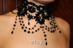 Downton Abbey Lady Mary replica necklace, Black beaded handmade necklace collar for her Goth collar choker matching black lace wedding dress