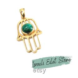 Eilat Stone Hamsa 14k Gold Pendant, Teal Gemstone Pendant, Solid Gold Hamsa Pendant, Modern Hamsa Necklace Pendant, Eilat Stone Pendant