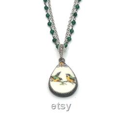 Emerald 20th Anniversary China Gift for Wife, Love Birds Broken China Jewelry, Gemstone Necklace