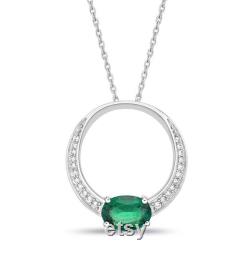 Emerald necklace, Circle Diamond Necklace, 2.3 Ct Green Emerald Necklace, 14K White Gold, Party Wear Necklace, Anniversary Gift( With Chain)