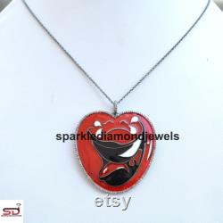 Enamel Heart Pendant, Pave Diamond Jewelry, 925 Sterling Silver, Multi Enamel Pendant, Silver Diamond Pendant, Anniversary Gift Jewelry