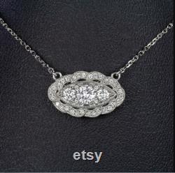Engagement Silver Necklace, Milgrain Diamond Pendant, 14K White Gold, 1.8 Ct Round Diamond, Fine Wedding Necklace With Chain, Gold Jewelry