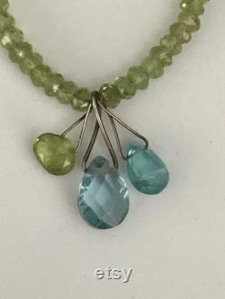 Estate Peridot Bead Sterling Silver Necklace with Peridot and Blue Topaz Dangles