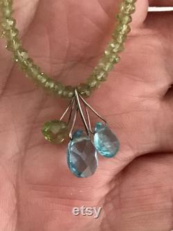Estate Peridot Bead Sterling Silver Necklace with Peridot and Blue Topaz Dangles