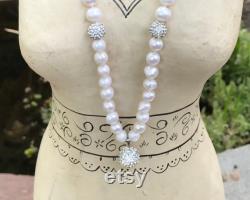 Evelyn Artwear White Freshwater Pearl 18 Princess Lgth Necklace 18K Gf Rhinestone Beads and Clasp Gorgeous Gift for Anniversary, Bride