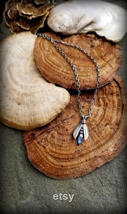 Firefly, Moonstone Firefly,Firefly Necklace, Silver Firefly, Firefly Jewelry, Insect Amulet, Faceted Moonstone Beaded Chain, High-Dome Cab