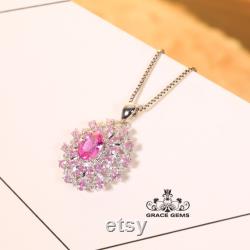 Flower Shape Genuine Padparadscha Pink Sapphire Pendant in 18k gold with diamonds and Travorite as eyes One of a kind Necklace Anniversary