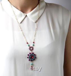 Flower pendant necklace, Long swarovski crystal drop necklace, Turquoise and red beaded necklace, Floral jewelry, Party necklace for women