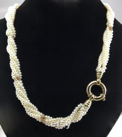 Freshwater Pearl Necklace with 14K Yellow Gold Beads and Clasp Four Strands Button Shape Pearls Wedding Bride Multi Strand 4257