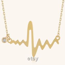 GELIN 14k Solid Gold Heartbeat Ekg Diamond Necklace for Women 14k Yellow, Rose or White Gold Jewelry