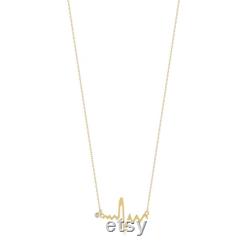 GELIN 14k Solid Gold Heartbeat Ekg Diamond Necklace for Women 14k Yellow, Rose or White Gold Jewelry