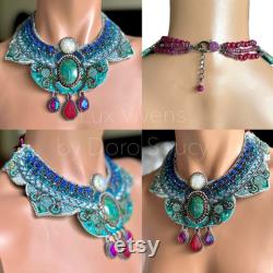 Gardens of Babylon Exquiste Art Embroidery Collar Necklace with Stylized Sacarab, Glass Beads and Gemstones Special Statement Necklace Gift