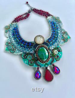 Gardens of Babylon Exquiste Art Embroidery Collar Necklace with Stylized Sacarab, Glass Beads and Gemstones Special Statement Necklace Gift