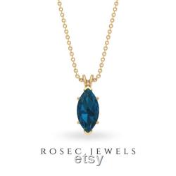 Gemstone Pendant Necklace, Blue Topaz London Gold 3 4 CT Handmade Pendant, Unique 8x4 MM Marquise Shape Charm Statement Engraved Pendant Set