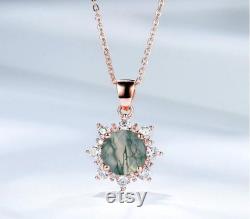 Genuine Green Moss Agate Necklace Sterling Silver 925 Silver Moss Agate Round Pendant for Women's