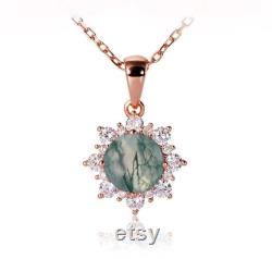 Genuine Green Moss Agate Necklace Sterling Silver 925 Silver Moss Agate Round Pendant for Women's