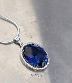 Genuine Lab Grown Blue Sapphire Pendant With Halo 9.30ct Oval Cut Mother's Day Gift Large Blue Sapphire Pendant Her Birthday Bridal Jewelry