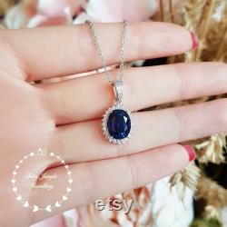 Genuine Lab Grown Royal Blue Sapphire Halo Necklace, 3 carats 8 10 Oval Sapphire, Classic Halo Sapphire Pendant, September Birthstone Gift