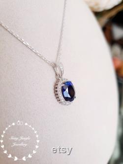Genuine Lab Grown Royal Blue Sapphire Halo Necklace, 3 carats 8 10 Oval Sapphire, Classic Halo Sapphire Pendant, September Birthstone Gift