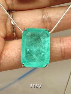 Glowing Neon Greenish Colombian Emerald Rectangle Drop Necklace Pendant Chain 925 Sterling Silver Art Deco Filigree Handmade Large Beautiful